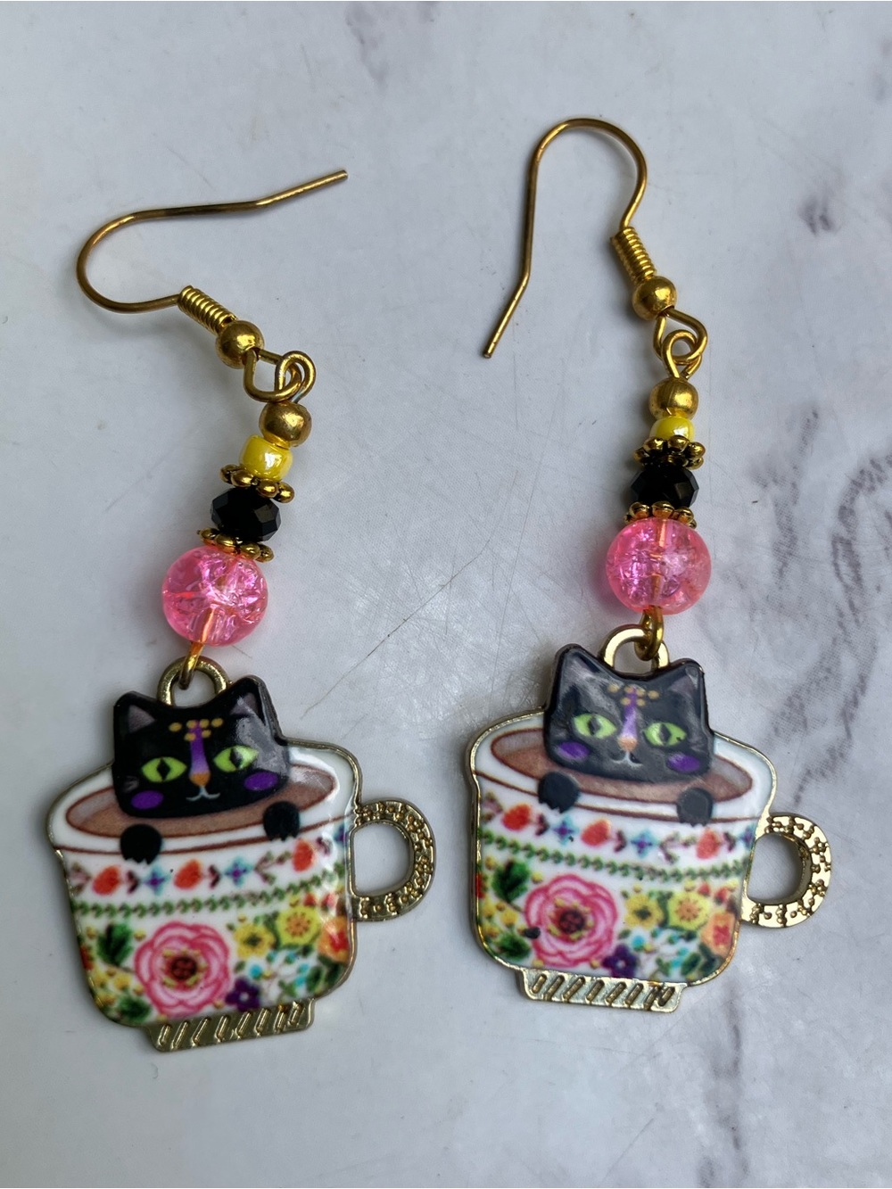 Black cat tea cup earrings dangle quirky fun boho cat lover